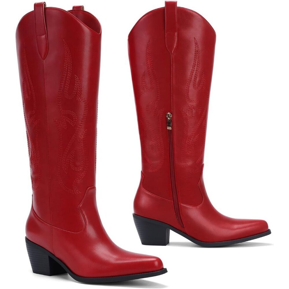 Women's Red Knee High Wide Calf Cowgirl Boots Slip On Pointed Toe Chunky Heel - Picture 4 of 6